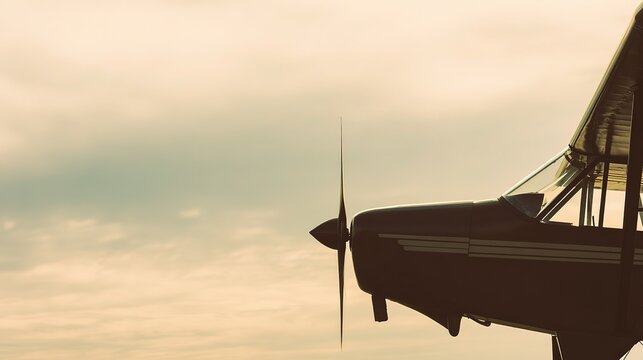 Minimalist side silhouette of monoplane, streamlined single-wing line and structural balance, soft-focus gradient sky, shallow depth