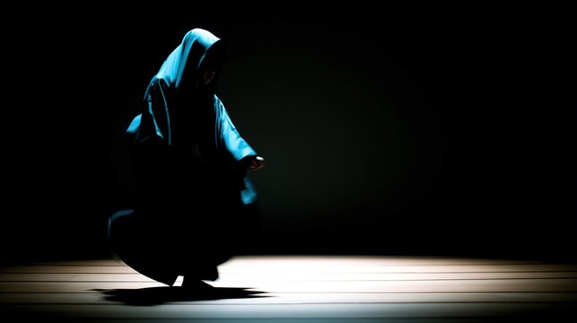 Noh performer in elaborate kamishimo on stark stage, slow deliberate movement, dramatic side light focusing on costume silhouette and folds