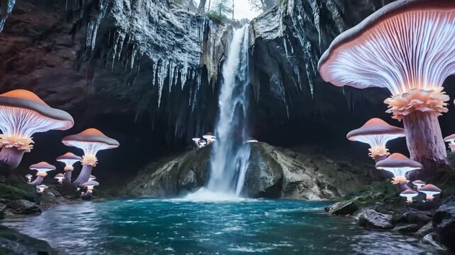 A large waterfall flowing into a turquoise lagoon inside a dark cavern filled with giant bioluminescent mushrooms in purple and teal, featuring hanging stalactites and mist.