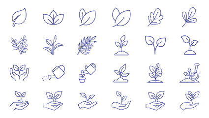 Fototapeta premium Eco Nature Leaf and Plant Growth Line Icons Set Collection – Organic Gardening, Sustainability, Green Energy, Environmental Care, Sprout, Foliage and Botanical Outline Vector Symbols