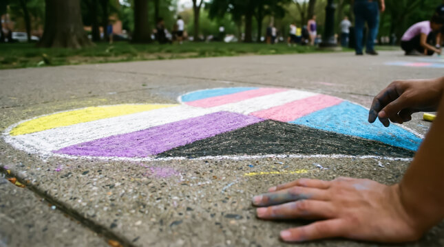 Hand drawing large heart with chalk on pavement featuring colors of trans and nonbinary pride flags in public park. Pride month. LGBT equality, LGBTQ plus diversity. Love is love with copy-space.