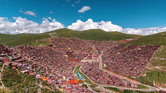 Larung Gar Buddhist Academy on Mountain Slopes in Sertar, Sichuan, China in Larung Gar Buddhist Academy, Sertar, Sichuan, China