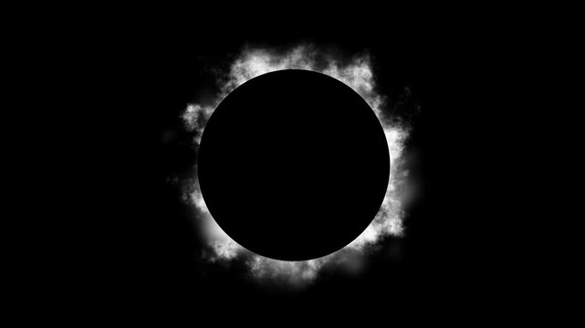 Eclipse Ring Smoke Animation On Black Background. Circular Eclipse Effect Surrounded By Swirling White Smoke. Atmospheric Motion Graphics Element. 