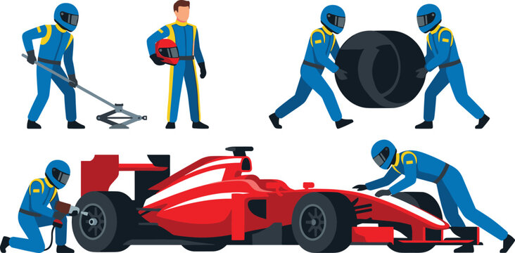 Formula One Race Pit Crew Character Vector Set with Racing Mechanics Changing Tires Lifting Car and Driver in Blue Uniform Graphic Designs