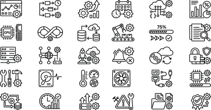 Technology, server, administration, network, optimization, icons, set, automation, data, management, analytics, cloud, engineering, processing, system, maintenance, development, vector, line, infrastr