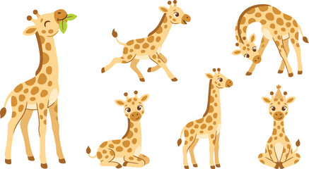 Obraz premium Cute Baby Giraffe Vector Character Collection with Active Jungle Animals Running Standing Sitting and Eating Leaves for Nursery and Children Graphic Designs