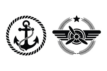 Nautical rope anchor and vintage airplane propeller emblem silhouette icon set © Laboni
