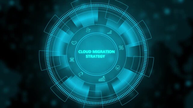 Visualizing cloud migration strategy global connectivity and business technology concepts.Digital Circuit Network Technology. Motion graphics of technology icon interface background