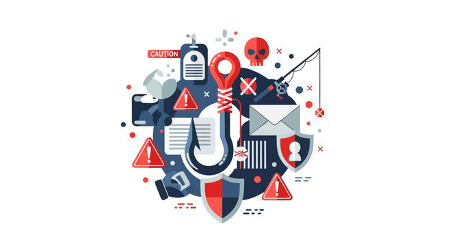Phishing Attack Concept Illustration with Fish Hook, Security Shields, and Email Scam Icons - Cyber Crime and Data Protection Vector