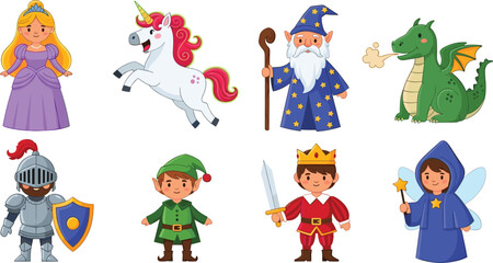 Fototapeta premium Cute Fairytale Character Vector Set with Princess Unicorn Wizard Dragon Knight Elf Prince and Fairy Elements for Kids Fantasy Book Graphic Designs