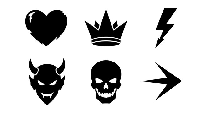 Dark Symbolic Icons Collection Featuring Heart Crown Skull.