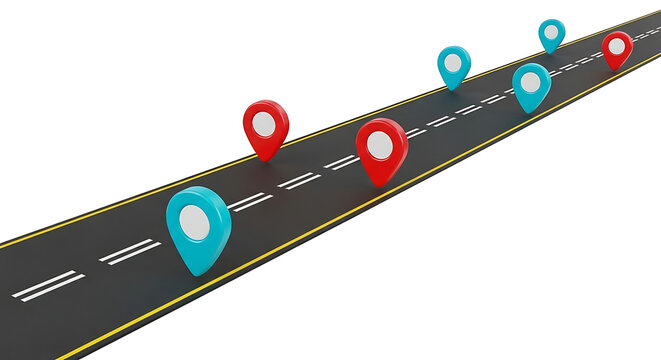 Perspective road with multiple navigation pin markers along the path navigation location isometric destination transportation direction waypoint tracking business logistics planning