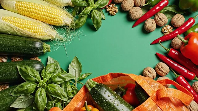 Border of fresh vegetables and nuts on green surface.