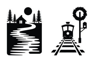 Obraz premium Winter landscape vector icons with cottage and train landscape seasonal holidays