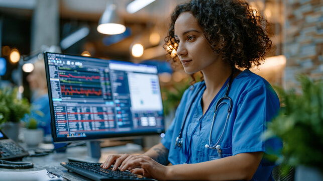 Healthcare operations specialist using prior authorization automation platform to process insurance approval requests, electronic health record system open alongside payer portal, medical office env