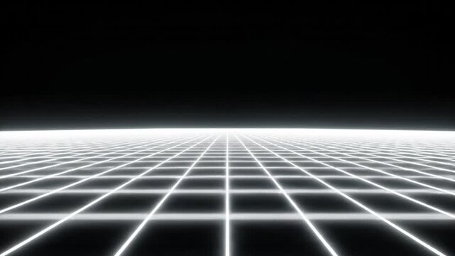 Glowing digital grid on black background extending into infinite virtual space