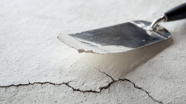 Stainless steel trowel smoothing spackle over wall fissure, focus on smooth layer and metal edge, soft natural light, shallow depth