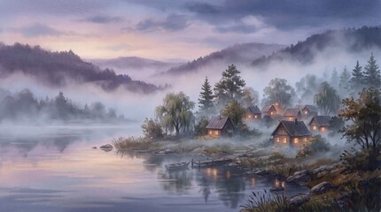 Fototapeta premium Misty Morning Village by Lake – Serene Landscape