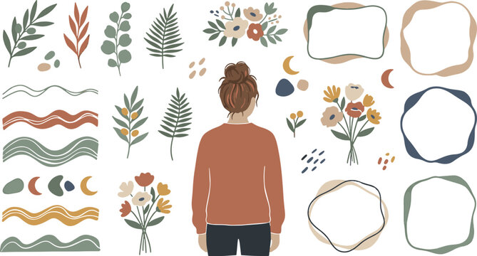 Boho aesthetic woman back view with abstract floral elements botanical frames wavy lines and modern celestial shapes minimal vector illustration