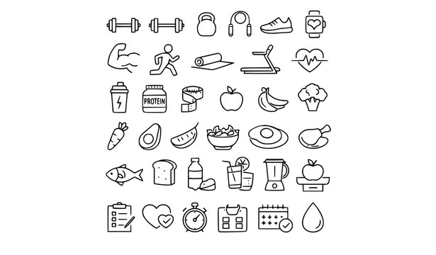 Healthy fitness and nutrition line art icons vector illustration with nutrition exercise training dumbbells