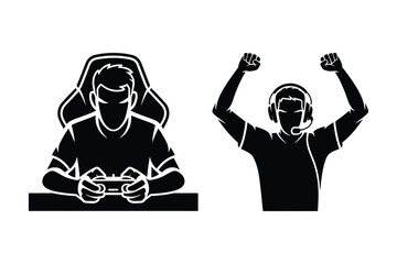 Professional gamer and streamer icons with gaming chair and headset celebration © Laboni