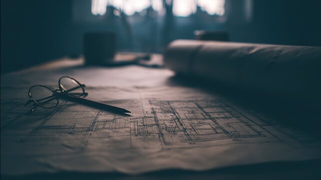 Old architecture monograph open on wood desk, round glasses and drafting pencil still, soft morning window light on pages, shallow depth, muted quiet study