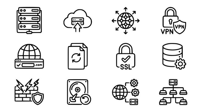 Modern web hosting network and server outline vector icon set