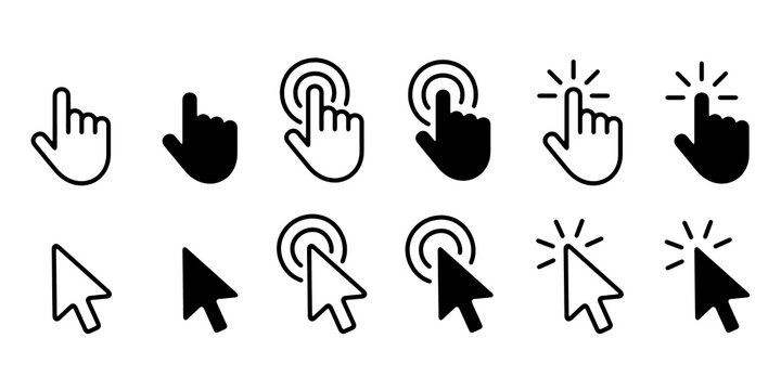 Hand Cursor and Pointer Click Icons Set. Click, Select and Navigation UI Vector Icons Isolated on Transparent Background.