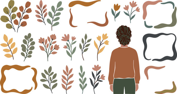 Hand drawn boho floral elements collection with woman back view organic abstract frames botanical branches leaves and flowers vector illustration