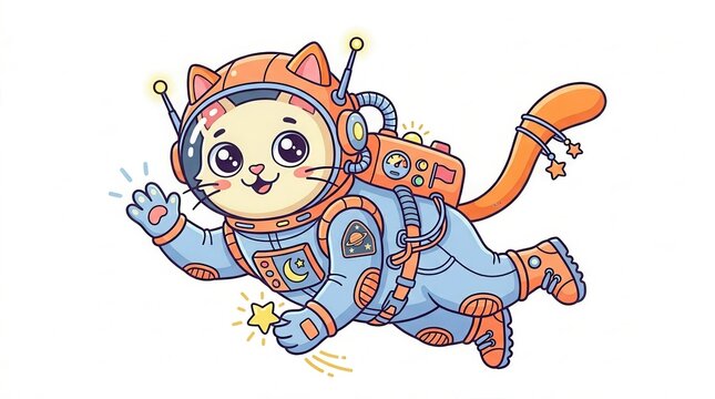 Cute cat astronaut floating in space wearing a detailed space suit with astronaut explorer character universe adventure illustration floating weightless exploration