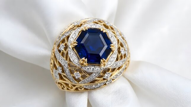 Blue Sapphire Hexagon Diamond Cage Ring Yellow Gold Vintage Luxury Bold Statement Jewelry