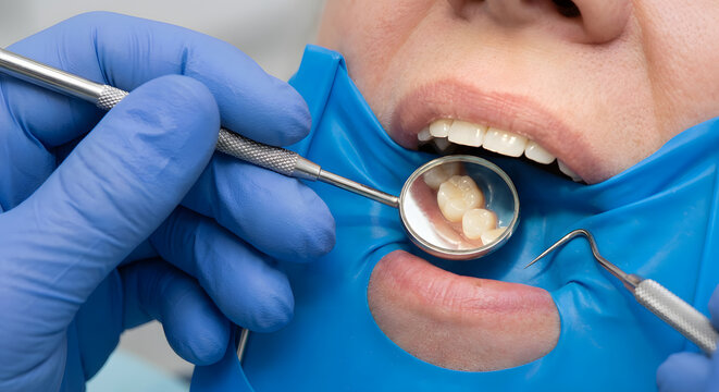 Dentist examining molar teeth with mirror and blue rubber dam