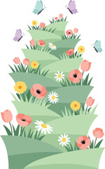 Fototapeta premium Rolling green hills with colorful flowers and butterflies vector illustration isolated on transparent background