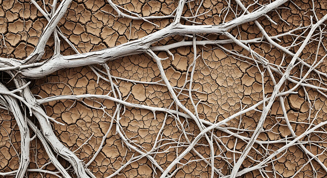 Dead tree branches over parched cracked earth of a dried out lake bed with branches environment landscape depletion