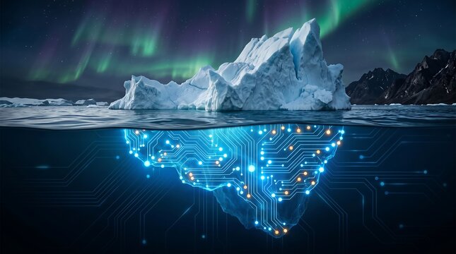 AI Iceberg Metaphor Revealing Hidden Data Complexity, Deep Learning Processes, and Cybersecurity Infrastructure for Business Strategy