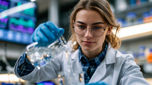 Bioplastic compound formulation scientist pouring bio resin mixture into mold press while reviewing biodegradability test data on wall mounted display, green chemistry materials manufacturing lab .u