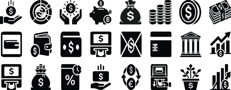 Money and finance icons with banking, payments, savings, investment and income concepts. Black filled symbols for financial apps, fintech, business dashboards, accounting and corporate projects.