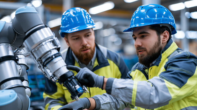 Cobot programming engineer demonstrating force sensitive gripper calibration routine to quality team, collaborative robotics safe zone manufacturing floor, human robot interaction industrial trainin