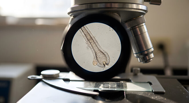 Microscopic view of hair follicle on glass slide through microscope