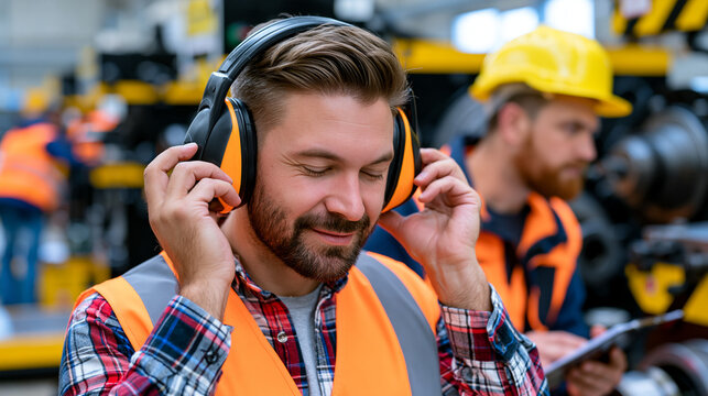Factory floor hearing protection technician demonstrates proper ear defender fitting to new assembly worker beside deafening stamping press machinery, industrial noise hazard safety training program