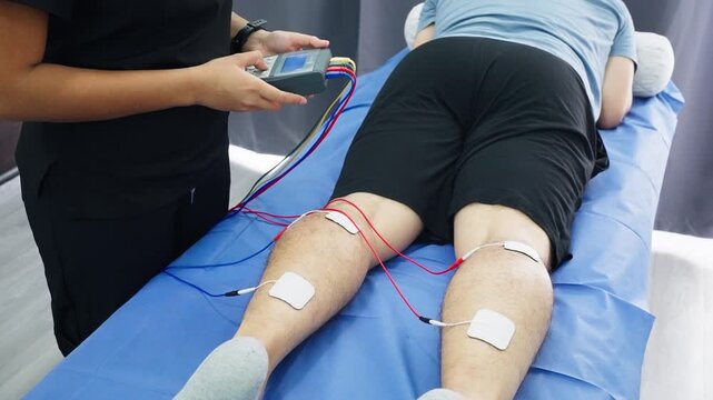 Physiotherapist using electrostimulation on a patient's leg muscles