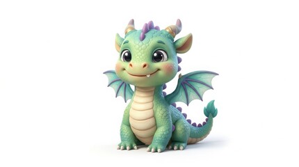 Fototapeta premium Cute cartoon baby dragon illustration with creature mythical adorable illustration friendly character isolated background children fairytale artistic rendering