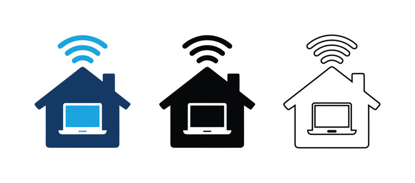 Smart home and remote work icon set. Features house silhouette with laptop computer and wireless wifi internet signal.