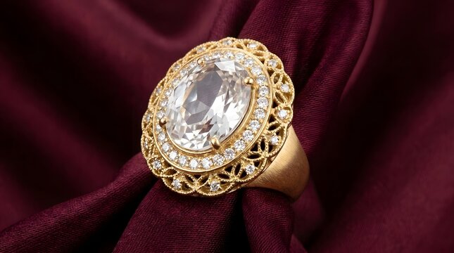 Luxury White Topaz Diamond Filigree Halo Gold Ring on Dark Red Silk, Elegant Vintage Fine Jewelry