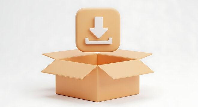 3D render of a cardboard box with download icon download cardboard internet delivery shipping computer technology interface ecommerce software minimalist