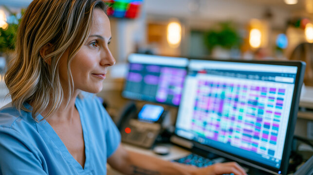 Nurse manager reviewing staffing optimization schedule on workforce management software in hospital nursing station, shift rotation calendar displayed, early morning quiet floor, healthcare operatio