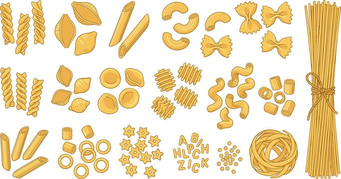 Italian pasta varieties collection with spaghetti fusilli macaroni ravioli farfalle and traditional food ingredients illustration