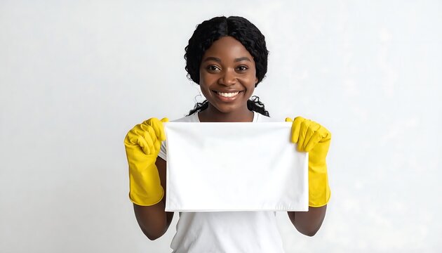 Smiling Young Woman in Yellow Cleaning Gloves Holding Blank White Sign in Studio