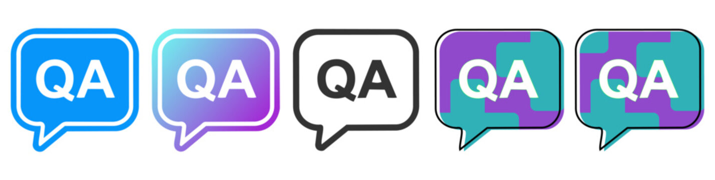 Five colorful speech bubbles with qa text on white background, blue, purple, black, and teal gradient colors, question and answer icons, chat symbols, colorful qa signs,
