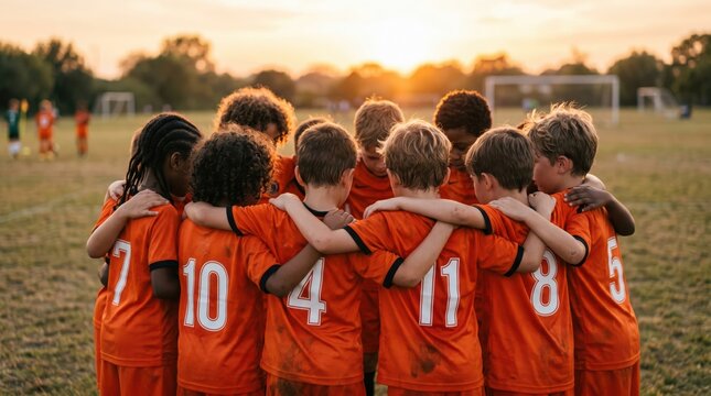 Youth soccer team huddle at sunset